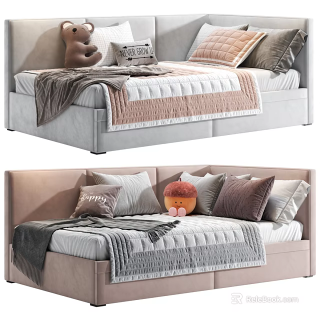 Modern Kids Bed With Colorful Pillows Soft Blanket And Happy Stuffed Toy 3d model 