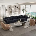 Dark Blue L Shaped Sofa With Round Coffee Table And Beige Armchairs