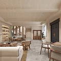 Warm Living Room Interior Design With Sofa Fireplace Wooden Chairs And Shelves