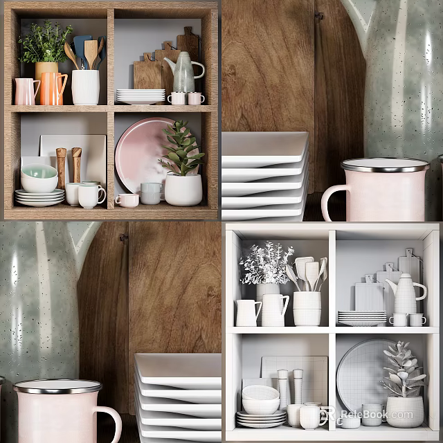 Elegant Modern Wooden Kitchen Storage Shelf Organizing Mugs Plates And Plants 3d model 