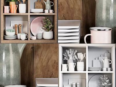 Elegant Modern Wooden Kitchen Storage Shelf Organizing Mugs Plates And Plants 3d model