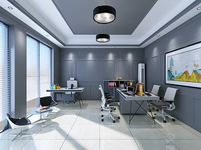 Modern Public Office Space With Gray Walls Large Windows Desks Chairs Equipment And Wall Painting 3d model