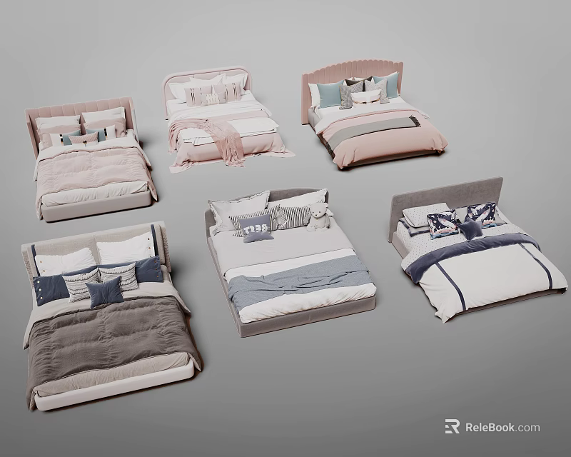 Various Double Bed Designs With Pastel And Neutral Tones Bedding Sets 3d model