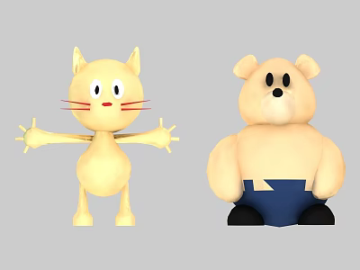 Cute Yellow Cat Doll With Open Arms And Light Brown Bear Doll In Blue Pants 3d model