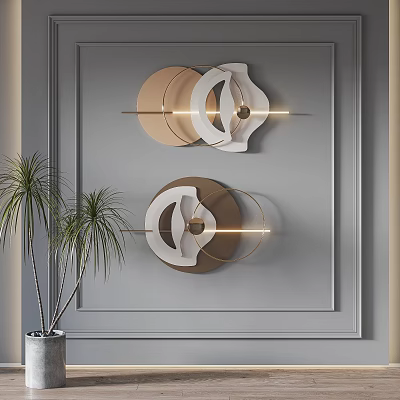 Modern Geometric Wall Decor Circular Gold White Elements On Grey Wall With Potted Plant 3d model