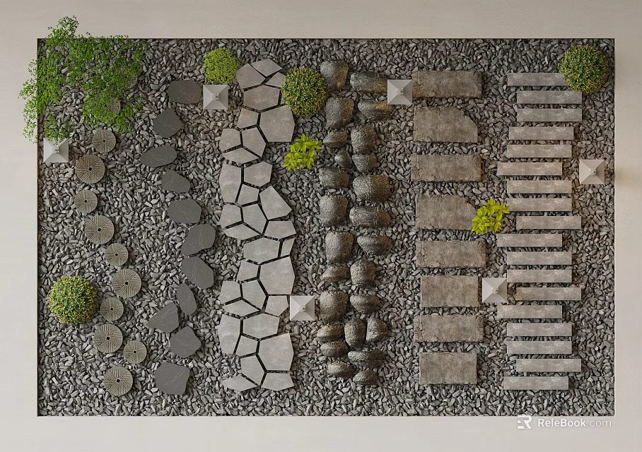 Creative Stepping Stones Path Designs Featuring Different Shaped Stones Slabs And Small Green Plants 3d model 