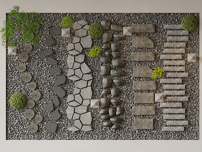 Creative Stepping Stones Path Designs Featuring Different Shaped Stones Slabs And Small Green Plants 3d model