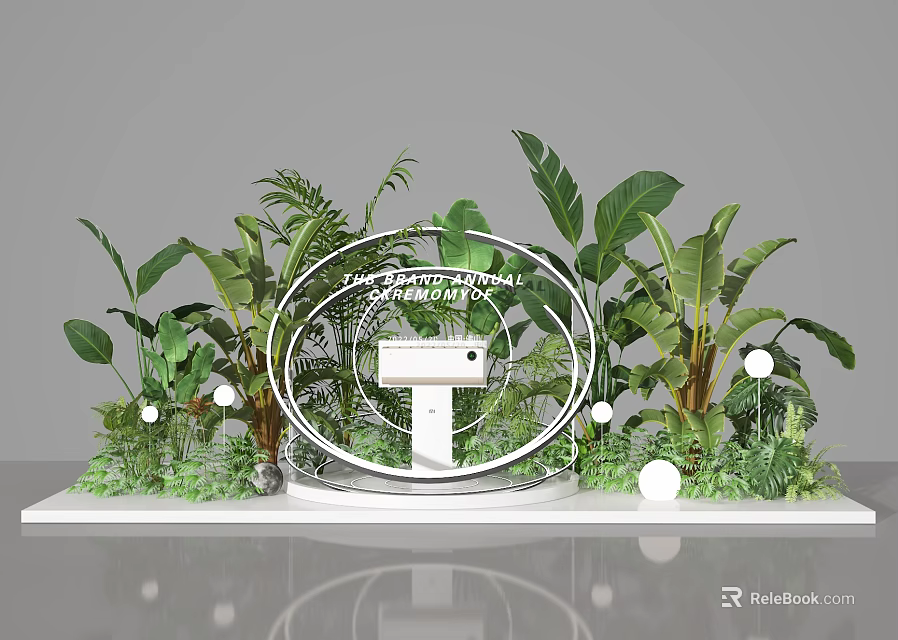 Floral Installation Design With Green Plants Circular Metal Frame And White Ornaments 3d model 