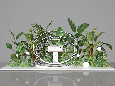 Floral Installation Design With Green Plants Circular Metal Frame And White Ornaments 3d model