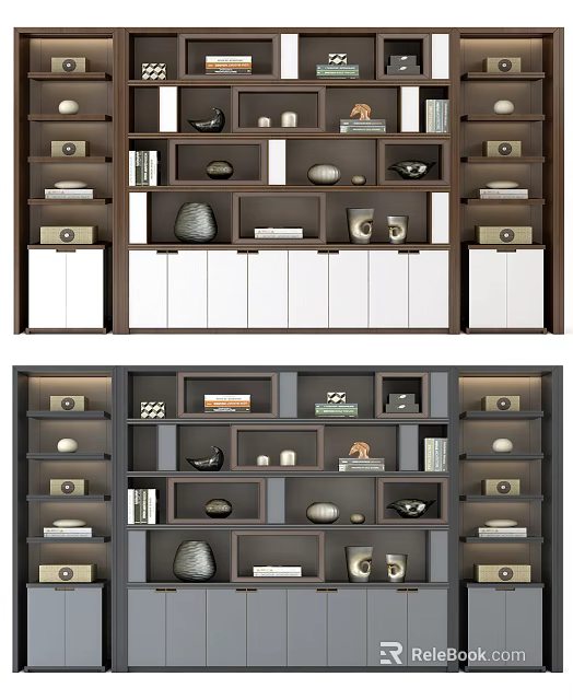 Modern Bookcase Interior Design With Open Shelves And Decorative Storage Items 3d model