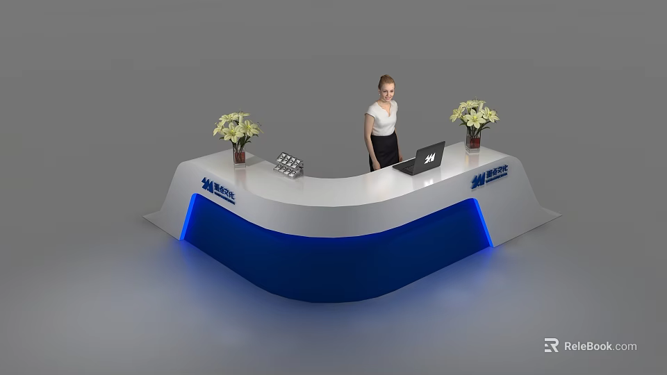 Modern Reception Desk With White Top Blue Base LED Strip Lighting Flower Vases And Laptop 3d model 