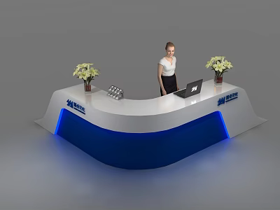 Modern Reception Desk With White Top Blue Base LED Strip Lighting Flower Vases And Laptop 3d model