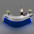 Modern Reception Desk With White Top Blue Base LED Strip Lighting Flower Vases And Laptop