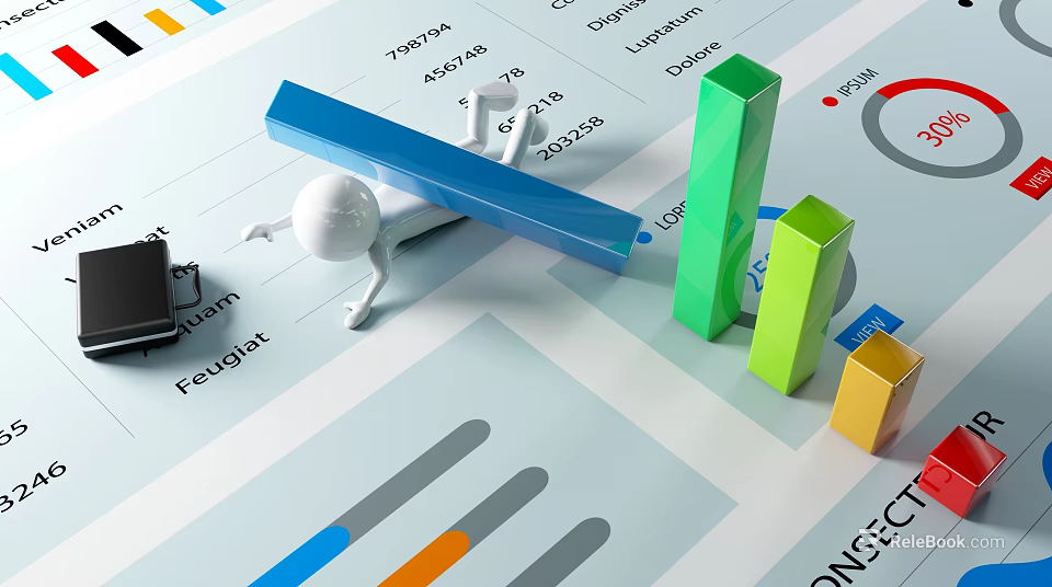 Decorative Figurine Set With Miniature Figure Colorful Bar Graphs And Data Chart Office Decor 3d model 