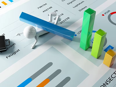 Decorative Figurine Set With Miniature Figure Colorful Bar Graphs And Data Chart Office Decor 3d model