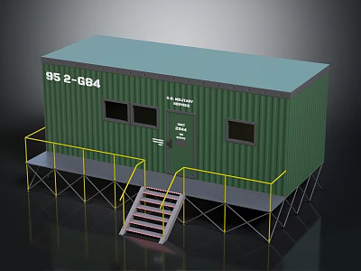 Green Container Building With Windows Door Yellow Railings And Red Stairs 3d model