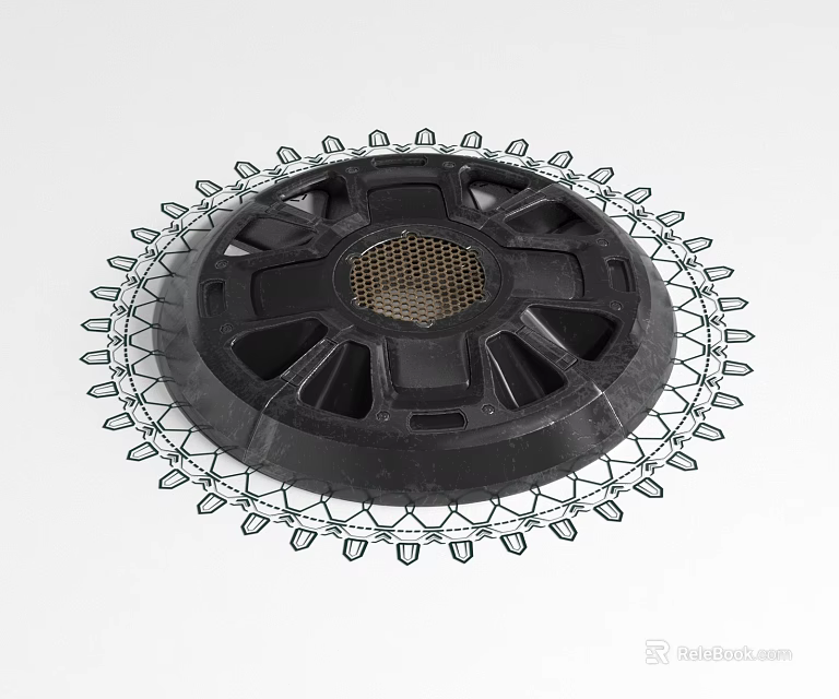 Black Circular Mechanical Component With Central Mesh Panel And Outer Gear Like Structure 3d model 