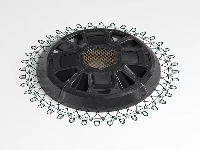 Black Circular Mechanical Component With Central Mesh Panel And Outer Gear Like Structure 3d model