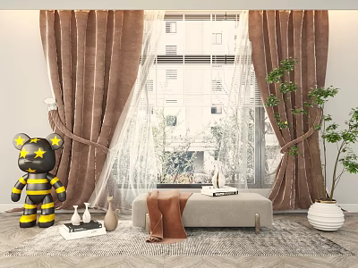 Elegant Brown Curtains With Sheer Panels And Window Bench In Cozy Room 3d model
