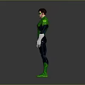 Humanoid Superhero Character in Green Black Suit with Chest Emblem Standing on Gray Background