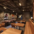 Industrial Style Bar Interior Design With Wooden Tables Chairs Wine Racks And Lighting