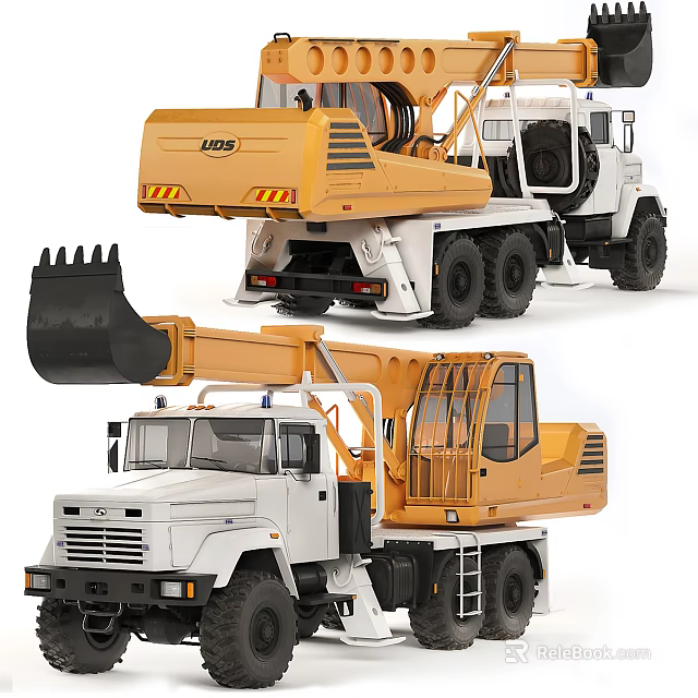Yellow And White Heavy Duty Construction Truck With Excavator Arm And Bucket Design 3d model 
