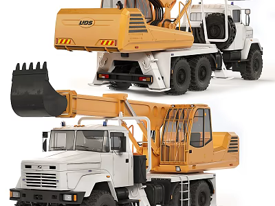 Yellow And White Heavy Duty Construction Truck With Excavator Arm And Bucket Design 3d model