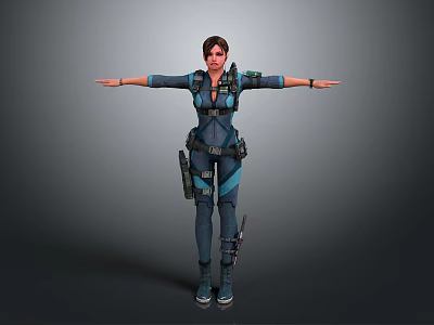 Female Combat Character In Blue Black Suit With Arms Outstretched 3d model