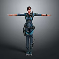 Female Combat Character In Blue Black Suit With Arms Outstretched