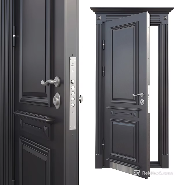 Black Modern Front Door With Metal Handle Electronic Lock And Panel Details 3d model
