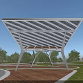 Modern Pergola With Glass Roof Metal Frame And Wooden Deck In Outdoor Park With Trees