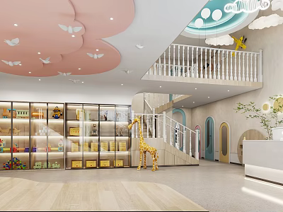 Bright Children's Indoor Activity Space With Cloud Ceiling Butterfly Decor Toy Cabinets And Giraffe Ornament 3d model