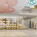 Bright Children's Indoor Activity Space With Cloud Ceiling Butterfly Decor Toy Cabinets And Giraffe Ornament