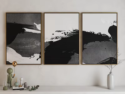 Black and White Abstract Paintings Three Panel Wall Art Hanging With Decorative Shelf 3d model