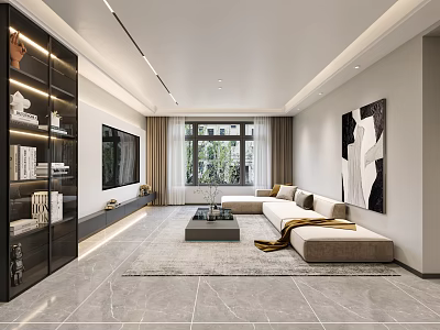 Elegant Modern Living Dining Room Interior With Beige Sofa Coffee Table And Decorative Painting 3d model