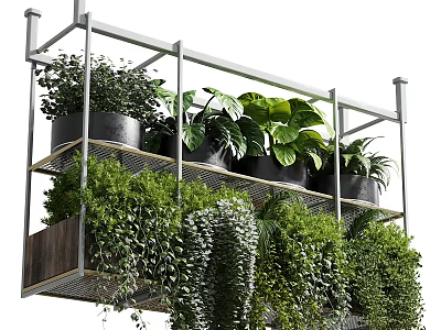 Various Lush Green Potted Plants On Multi Tiered Metal Shelf With Hanging Trailing Vines 3d model