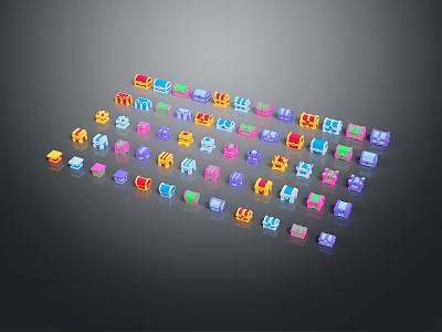 Colorful Block Shaped Weapons Display With Vibrant Colors And Geometric Patterns 3d model