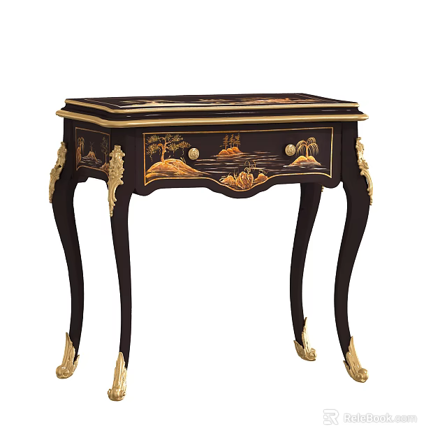 Antique Dark Wood Nightstand With Gold Accents And Hand Painted Landscape Scenes 3d model 