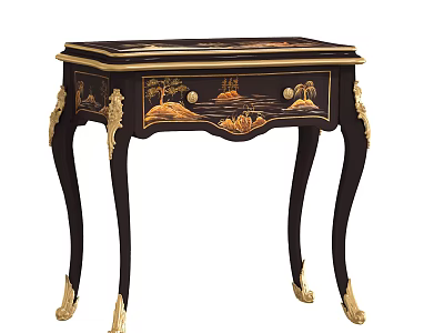 Antique Dark Wood Nightstand With Gold Accents And Hand Painted Landscape Scenes 3d model