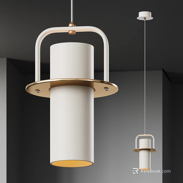 Modern Pendant Light With White Cylindrical Body And Gold Metal Frame For Interior Space 3d model 