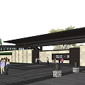 Modern Sales Center Building With Glass Curtain Walls Dark Lattice Panels Pink Tree And Pedestrians