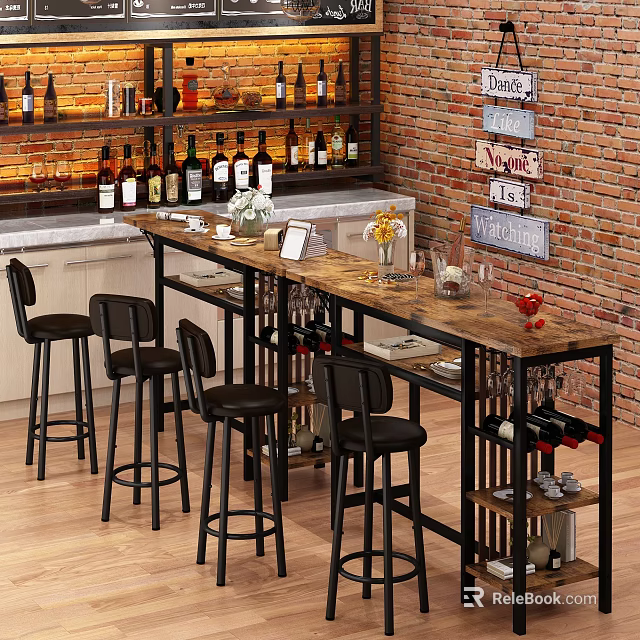 Industrial Bar Design With Brick Wall Bar Stools And Wine Bottles 3d model 