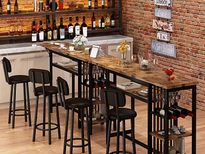 Industrial Bar Design With Brick Wall Bar Stools And Wine Bottles 3d model