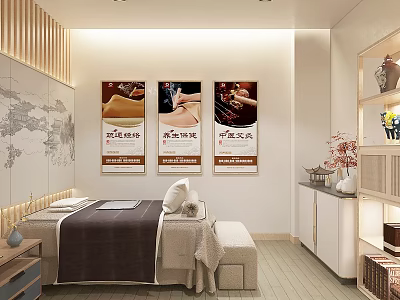 Relaxing SPA Sauna Room With Massage Bed Treatment Posters And Wooden Decor 3d model