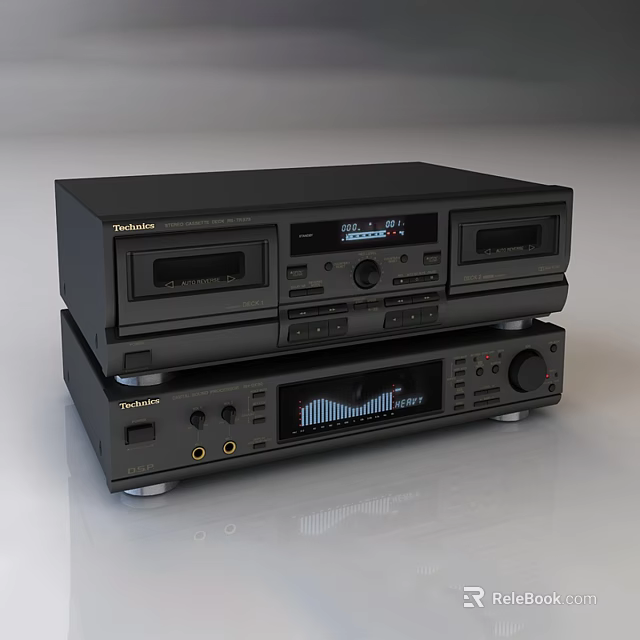Technics Black Stacked Audio System With Cassette Player Display And Control Knobs 3d model 