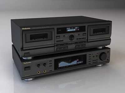 Technics Black Stacked Audio System With Cassette Player Display And Control Knobs 3d model