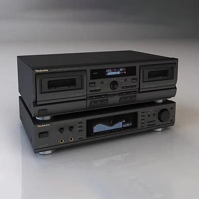 Technics Black Stacked Audio System With Cassette Player Display And Control Knobs 3d model