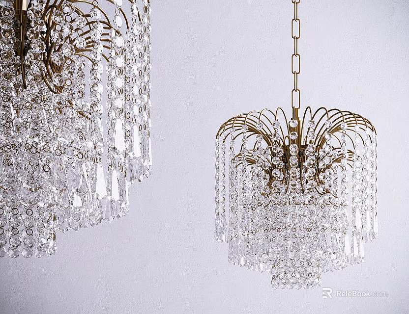 Two Elegant Crystal Chandeliers With Brass Frame And Hanging Crystal Pendants Against White Wall 3d model 