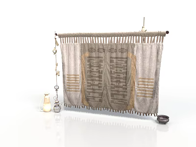 Textured Fabric Curtain With Patterned Design Hanging On Rod And Decorative Items 3d model