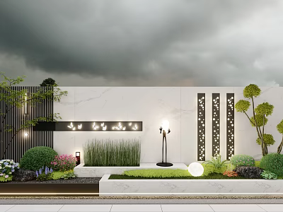 Modern Garden Feature Wall With White Stone Decorative Panels Greenery And Lighting 3d model